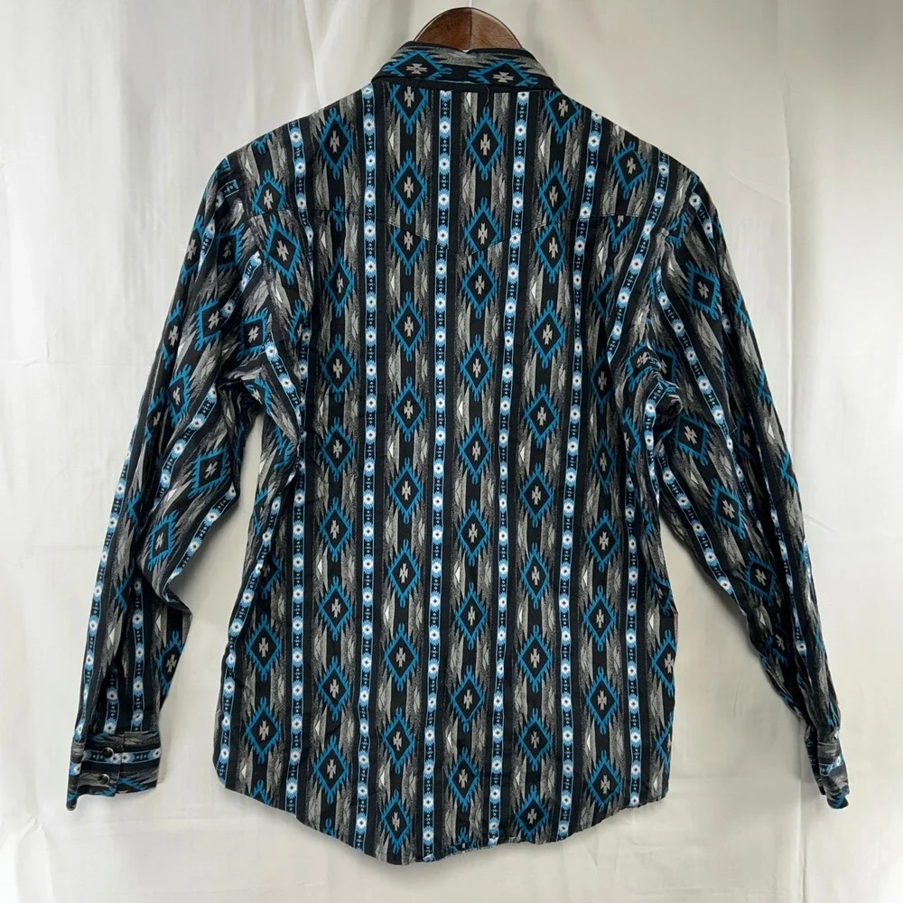 Wrangler Western Snap Shirt Boys XL Black Blue Southwestern Geometric Print